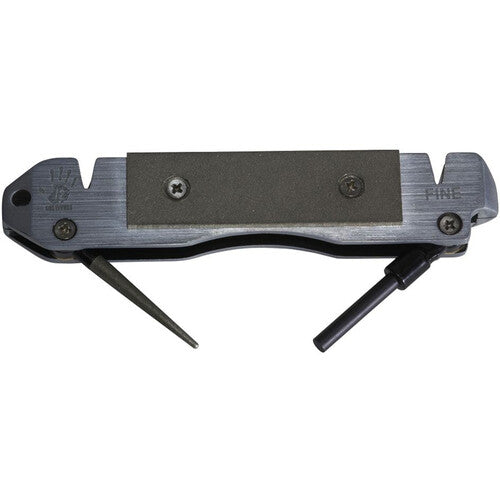 Multitool with knife blade, bottle opener, and other tools on a white background